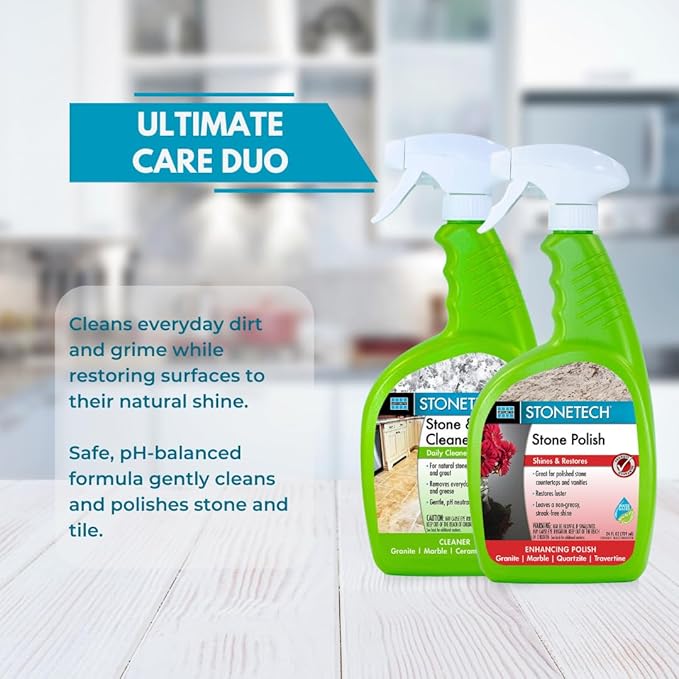 StoneTech Stone &amp Tile Cleaner and Stone Polish Duo – Daily Cleaner &amp Polish for Granite Marble Quartzite Travertine – Removes Dirt &amp Restores Shine – 2 Microfiber Cloths – Fresh Scent