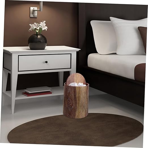 VOSAREA Wastebasket Swing Lid Imitation Wood Grain Plastic Home Office Bedroom Trash Bin Easy to Clean Modern