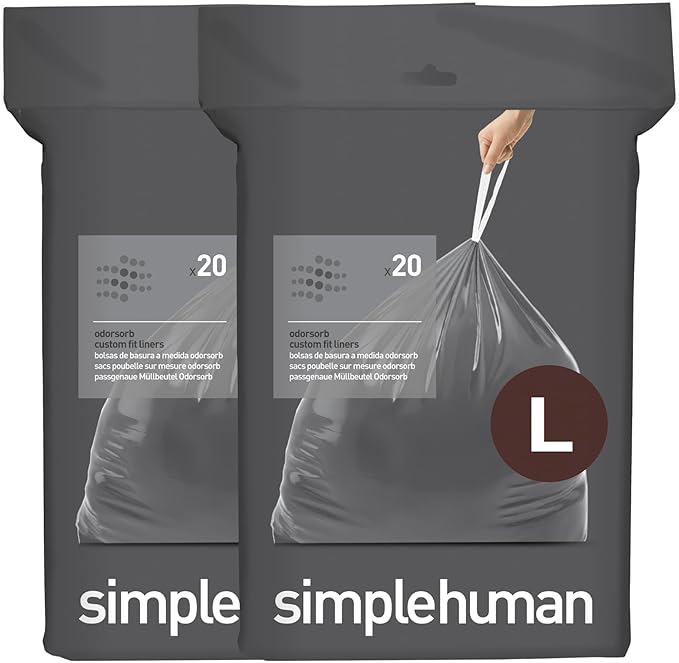 simplehuman Code L 40 Count Genuine Custom Fit Liners Drawstring Trash Bags in Dispenser Packs 18 Liter / 4.7 Gallon
