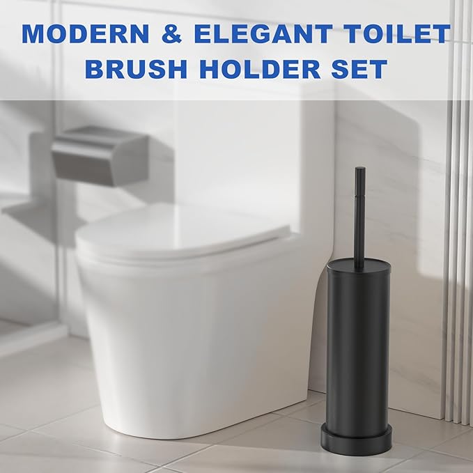 Black Toilet Brush and Holder Set 304 Stainless Steel Heavy Duty Toilet Bowl Brush and Holder with Long Handle Removable Inner Bowl and Splash Protection Modern Toilet Cleaner Brush for Bathroom