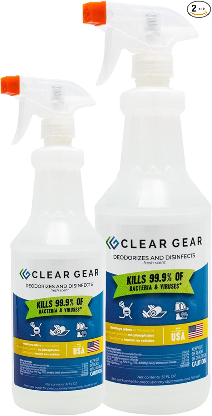 Clear Gear Gym Disinfectant Yoga Mat Cleaner Deodorizer For Sports Equipment Gyms and Fitness Centers - Mixed Pack - 16 Oz and 32 Oz Bottle Hospital grade Disinfectant Spray Pack