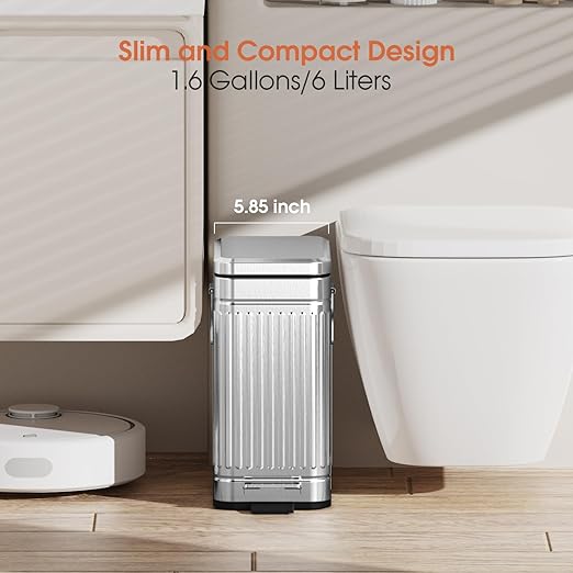 Small Bathroom Trash Can with Lid Soft Close 6L / 1.6 Gallon Stainless Steel Garbage Can with Step Pedal &amp Odor Control Slim Trash Bin for Toilet Office Bedroom - Sliver