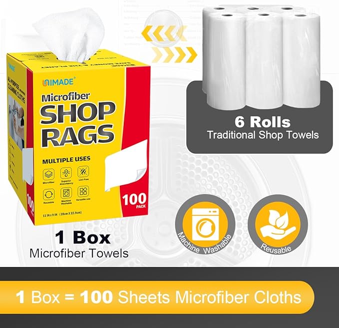 Shop Rags 100 Sheets Microfiber Cleaning Cloth Commercial Grade Washcloths Lint-Free Bulk Shops Towels for Cars Mechanic Restaurant Garage Housekeeping 11x 9 White