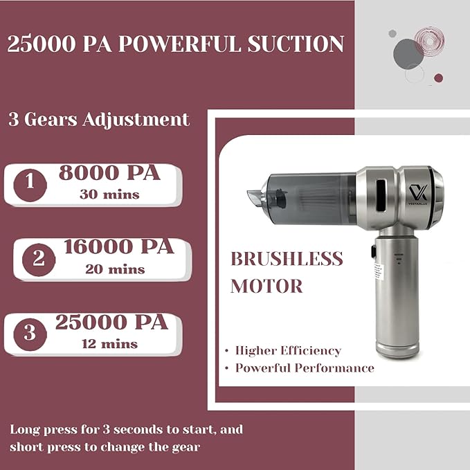 Cordless Handheld Car Vacuum Cleaner – Powerful 25000PA Suction 3-Speed Brushless Motor Mini Portable 4-in-1 Vacuum &amp Blower for Car Home Office Pet Hair