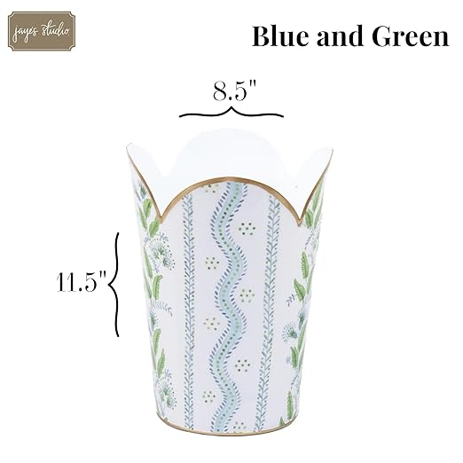 Jaye's Studio Emma Stripe Enamel Tulip Gold Waste Basket for Bathroom Trash Can no Lid Garbage Can for Office Trash Bin for Bedroom Blue &amp Green Trash Can Metal Decorative Wastepaper Basket Tu