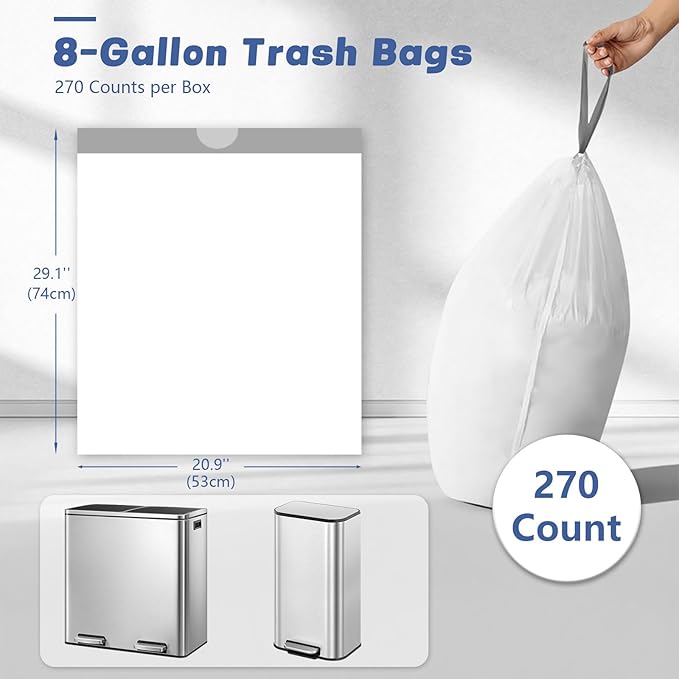 8 Gallon (30L) Trash Bags Fits SONGMICS 8 Gallon Trash Cans 6 Rolls 270 Counts Heavy Duty White Garbage Bags Pre-Separated Drawstring Trash Bags Suitable for Kitchen Bathroom etc.