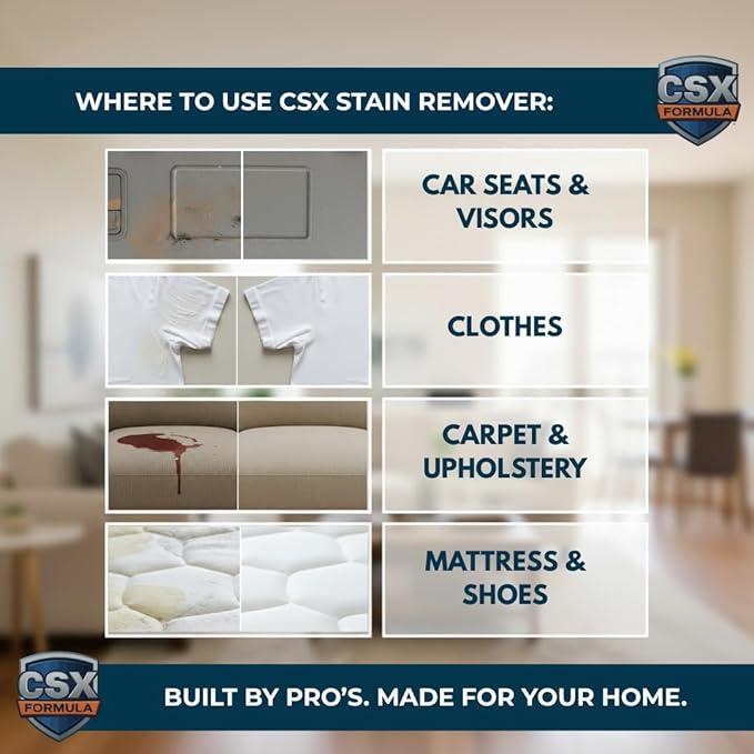 CSX Powerful Stain Remover 24oz – Heavy Duty Carpet &amp Upholstery Cleaner Professional Strength Deep Clean Formula – Removes grease wine coffee ink food and more – Made in the USA