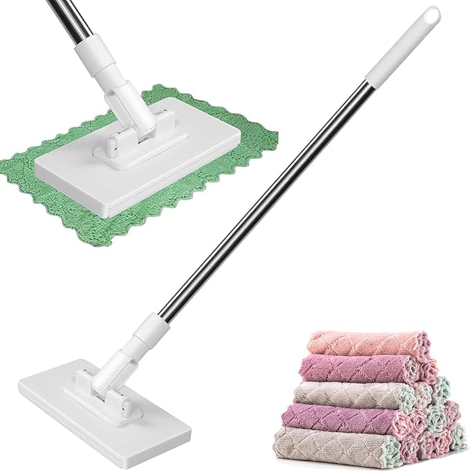 Disposable Dust Mop with 10 Reusable Cloths Retractable Gap Dust Cleaner Con 10 PañOs Reutilizables Mopa Desechable para Polvo 29″ / 41″ Long Handle Wet and Dry Mopping Sweeper (29″)