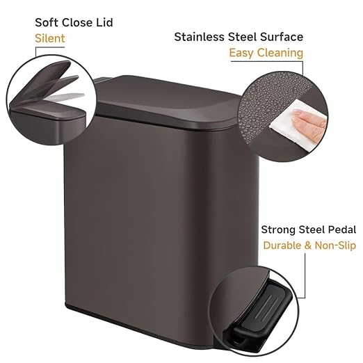 TIPGO Slim Bathroom Trash Can with Lid Soft Close Step Pedal 6 Liter / 1.6 Gallon Stainless Steel Trash Bin Small Garbage Cans for Bedroom Office Kitchen (Brown)