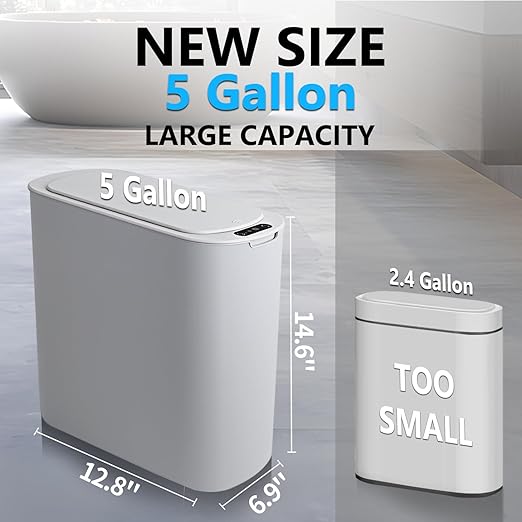 TIPGO 5 Gallon Motion Senor Bathroom Trash Can with Lid Automatic Garbage Can Touchless Smart Plastic Waste Basket for Narrow Spaces Bathroom Office Bedroom Living Room (Gray)