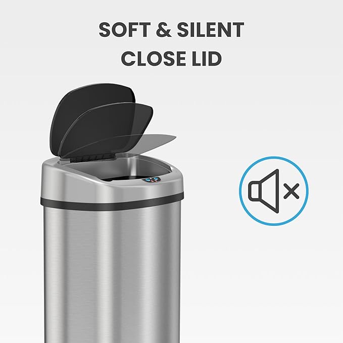 iTouchless 13 Gallon Oval Sensor Trash Can with Odor Filter Fingerprint-Proof Stainless Steel 50 Liter Automatic Kitchen Garbage Bin Smart Hands-Free Motion Lid Quiet Soft-Close Brushed Silver
