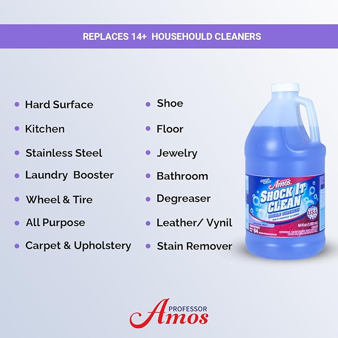 Professor Amos' Shock It Clean Scented Concentrate Cleaner Laundry Booster Stain Remover Carpet Cleaner Kitchen and bathroom Cleaner Indoor and Outdoor (Lavender 64 Oz - Gallon)
