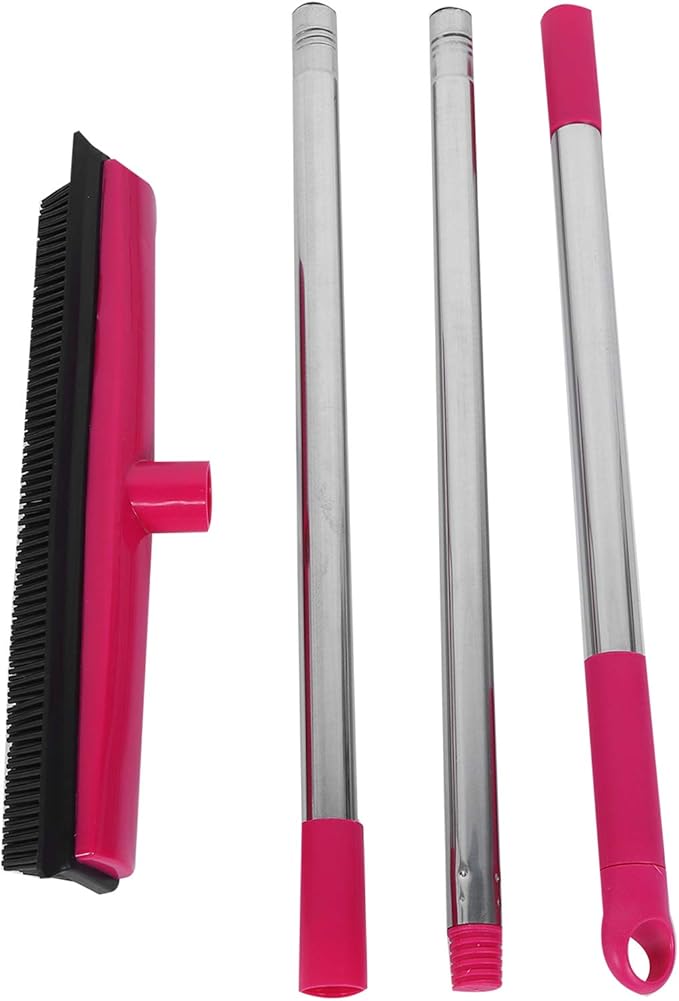 Pet Hair Remover Carpet Rake for Pet Hair Removal 2 in 1 Removal Tool of Rubber Broom and Squeegee for Floor Length Adjustable Push Broom Pet Dog and Cat Hair Remover (Pink)
