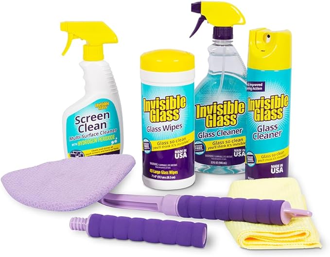Invisible Glass 99603 6-Piece Home Cleaning Kit Including Home Reach &amp Clean Tool Premium Glass Window Cleaner (40) Glass Cleaning Wipes Multi-Surface Screen Cleaner and Microfiber Towel