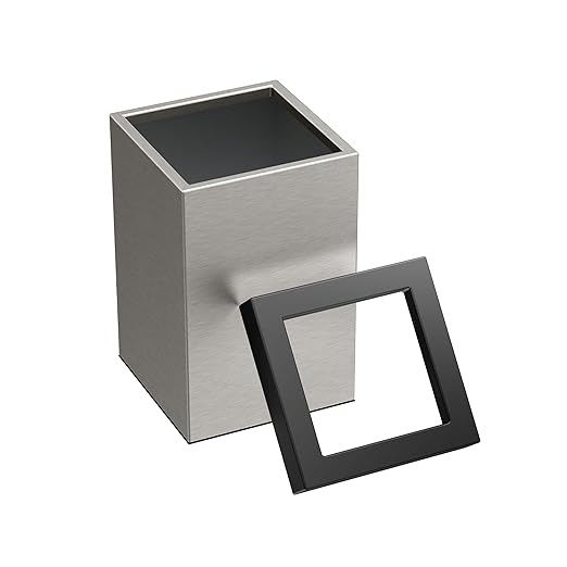 Gatco 1914MX Modern Square Wastebasket Satin Nickel and Matte Black Combo - Stainless Steel Trash Can with Removable Lid Leakproof 3 Gallon Capacity for Bathroom Bedroom Kitchen or Office