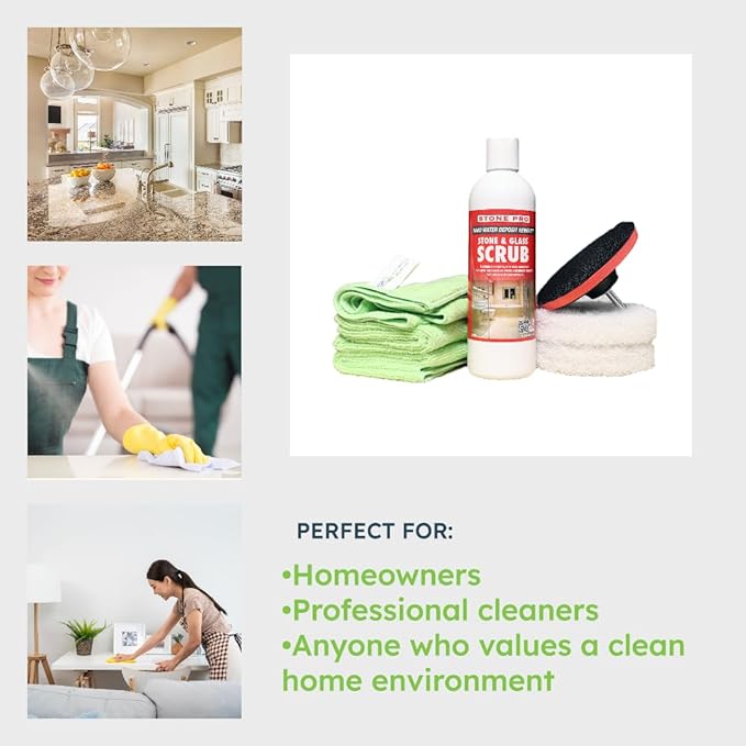 Hard Water Deposit Remover KIT - Scrub Deep Cleans Granite Countertops Travertine Showers Glass Shower Doors (1 Pint Stone Pro Stone &amp Glass -16 Fl Oz 5 white pad &amp Cleaning Cloth)