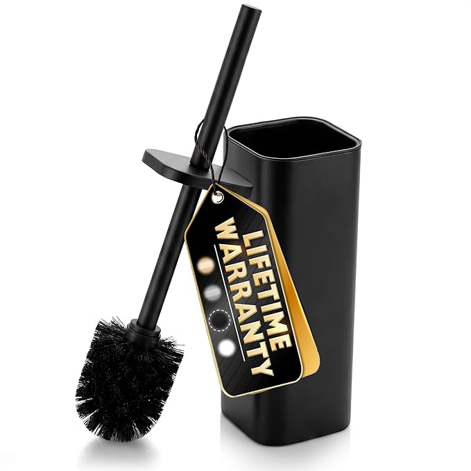 Black Toilet Brush with Square Stainless Steel Holder - Freestanding Toilet Brush and Holder Set Black - Removable Plastic Inner Cup Splash Guard Cover Replaceable Head Corrosion Resistant Finish
