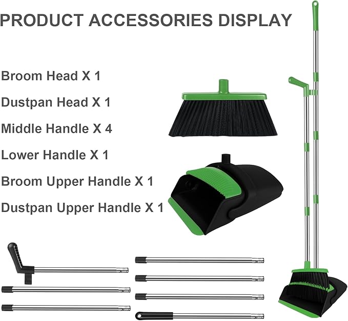 Green Broom with Dustpan Combo Set 51 Long Handle Household Cleaning Tool Ideal Broom and Dustpan Set for Pet Hair and Home Use