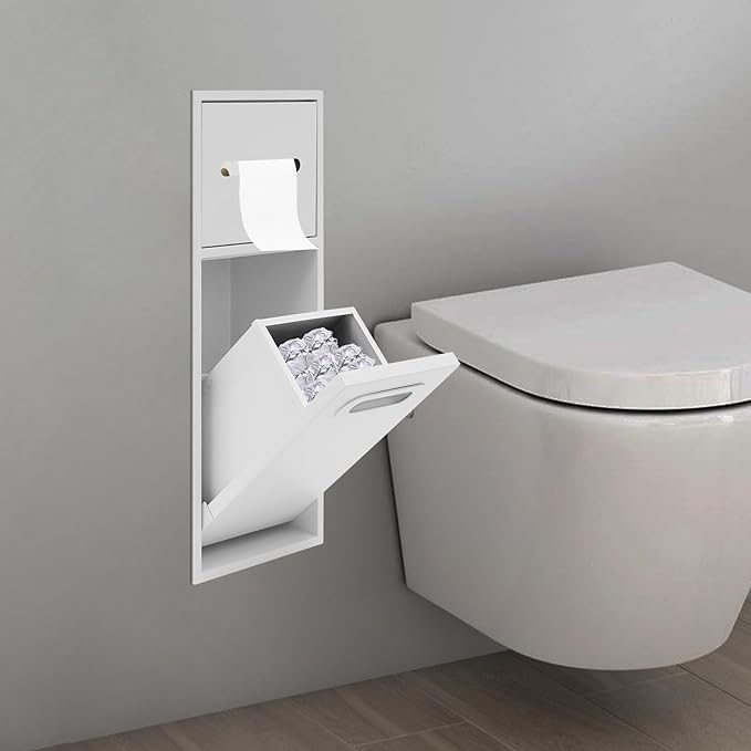 Recessed Bathroom Trash Can with Toilet Paper Holder Stainless Steel Hidden Tilt Out Trash Can Cabinet Modern in-Wall Niche for Bathroom Bedroom Office