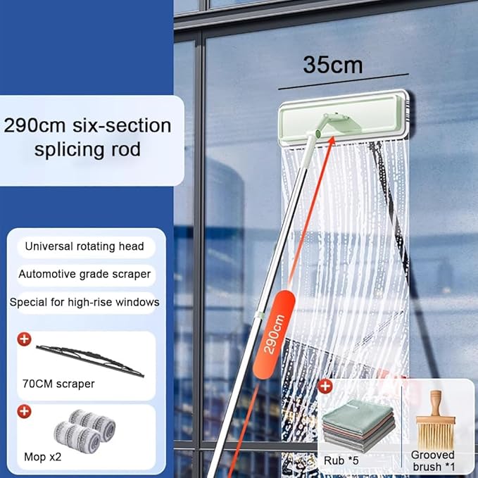 Multifunctional Window Cleaning Wiper with 290Cm Stainless Steel Extension Pole and Rubber Scraper Blade 180° Rotatable Window Cleaning Tool Kit Car Glass Washing EquipmentB