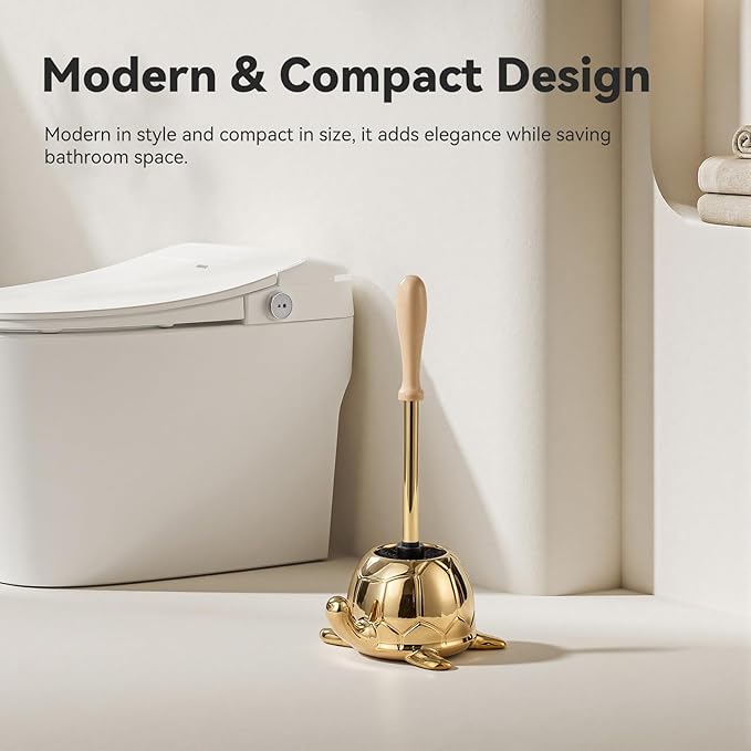 Turtle Base Toilet Brush Set - Gold Ceramic Toilet Scrubber Brush 7.5” Bowl Cleaner with Ergonomic Handle Mini Cute Bathroom Cleaning Brush - Bathroom Decor