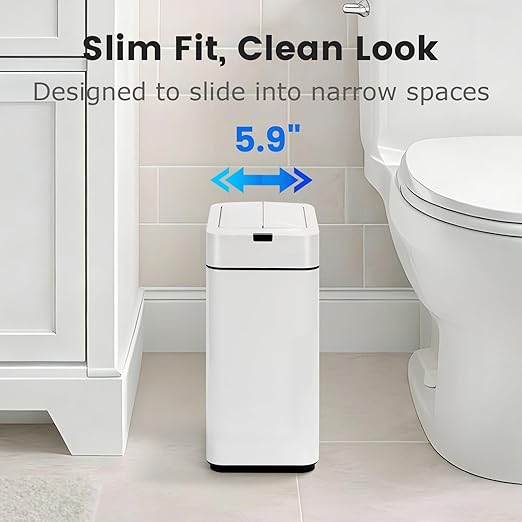 Sensor Trash Can with Butterfly Lid 2.6 Gallon Rectangular Automatic Garbage Can Stainless Steel Trash Bin Slim Waterproof Wastebaskets with Lid Soft Close for Under Counter White
