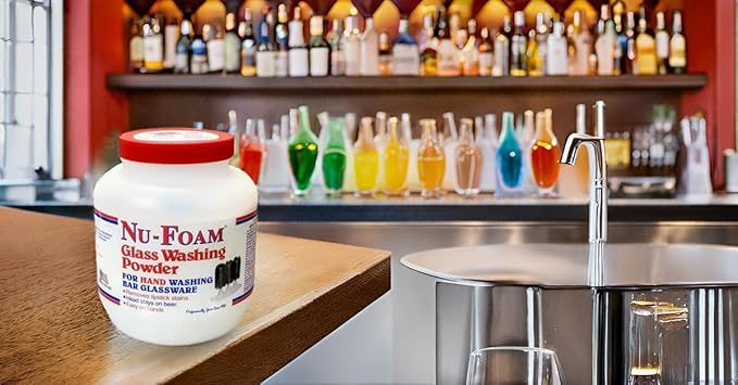 Nu-Foam Glass Washing Powder - Detergent for Bar Glassware – Original Streak-Free Solution - Hand Washing Bar Tavern Brewery Supplies - Spotless Serving Glasses - Easy On Hands - 4 Lb Jar
