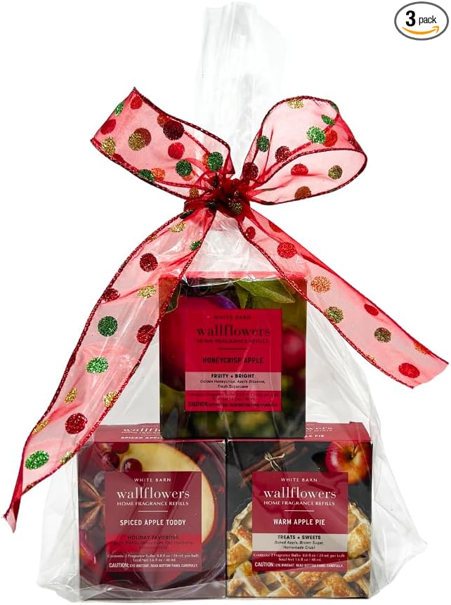 Bath &amp Body Works Wallflowers Refills FALL APPLE SCENT Collection 3pc Bundle with 40-Inch Red Holiday &amp Glittered Polka-Dot Ribbon Bow – Spiced Apple Toddy Honeycrisp &amp Warm Apple Pie (2-