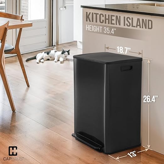 CAPHAUS Black Dual Trash Can w/Single Lid Trash &amp Recycle Bins Combo Hands-Free Stainless-Steel Garbage Can for Kitchen with 2 Compartment Hinged Lid Odor Filters Handles 30L+30L 2 x 8 Gal