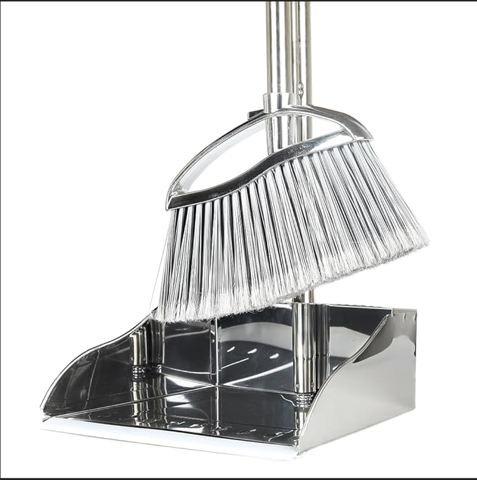 Metal Dustpan and Heavy Duty Broom Set Stand Up Dustpan with Outdoor Stiff Bristles Broom for Hardwood Patio Room Office Floor Sweeping