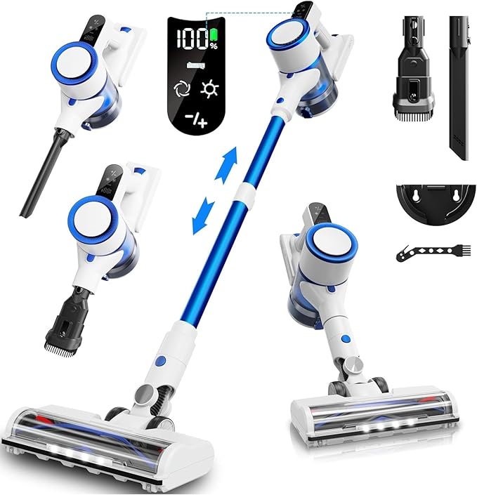 Vacuum Cleaner450W Powerful Suction 50-Min Long Runtime Anti-Tangle Brush Smart LED Display Lightweight Cordless Stick Vacuum Cleaner for Pet Hair Hard Floors Carpet &amp Home