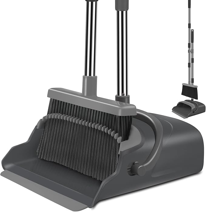 kelamayi Broom and Dustpan Set for Home Office Indoor&ampOutdoor Sweeping Stand Up Broom and Dustpan (Black&ampGray)