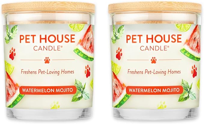 Pet House Candles Soy-Based Long Burning Scented Candles for Pet Homes 60 Hour Burn Time - Watermelon Mojito 9 oz 2 Pack