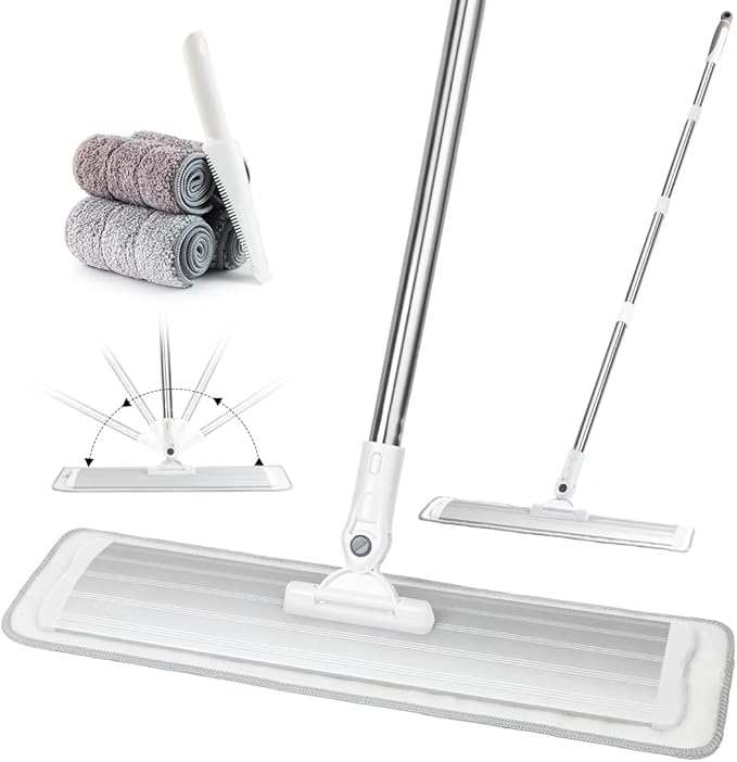 CQT Commercial Flat Microfiber Floor Mop Cleaning System 18 Inch Wet Dry and Dust Hardwood with 4 Washable Pads Cleaner for Laminate Tile Stainless Steel Handle and Extension (PT12-WET)