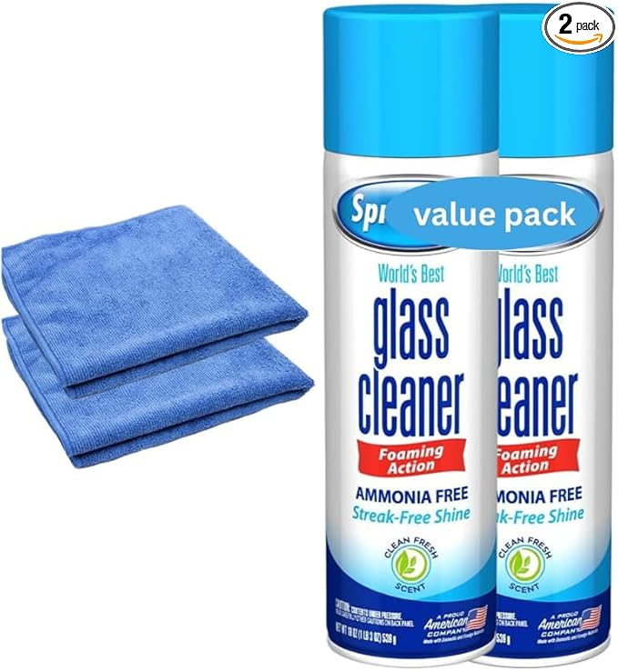 Glass Cleaner Foam Spray 19oz (2 Pack) – Streak-Free Window &amp Mirror Cleaner – Fresh Clean Scent – Includes Microfiber Cleaning Cloth