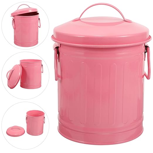 Metal Trash Can with Lid Small Desktop Garbage Bin Retro Pink Iron Table Wastebasket for Office and Bedroom Organization