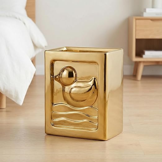 Gold Trash Can - 7L/1.85Gallon Ceramic Waste Basket Decorative Duck Small Garbage Can for Kitchen Bathroom Bedroom Office Multi-Purpose Storage Bin
