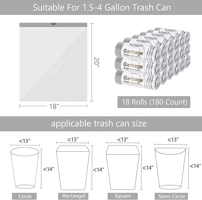 ELPHECO 2.5 Gallon Trash Bags │ 15 Liters Drawstring Garbage Bags │ Small Trash Bags For Bathroom Office Living Room Use │ Suitable For 1.5-4 Gallon Trash Can │ 18×20 │ 180 Count / 18 Rolls │ A