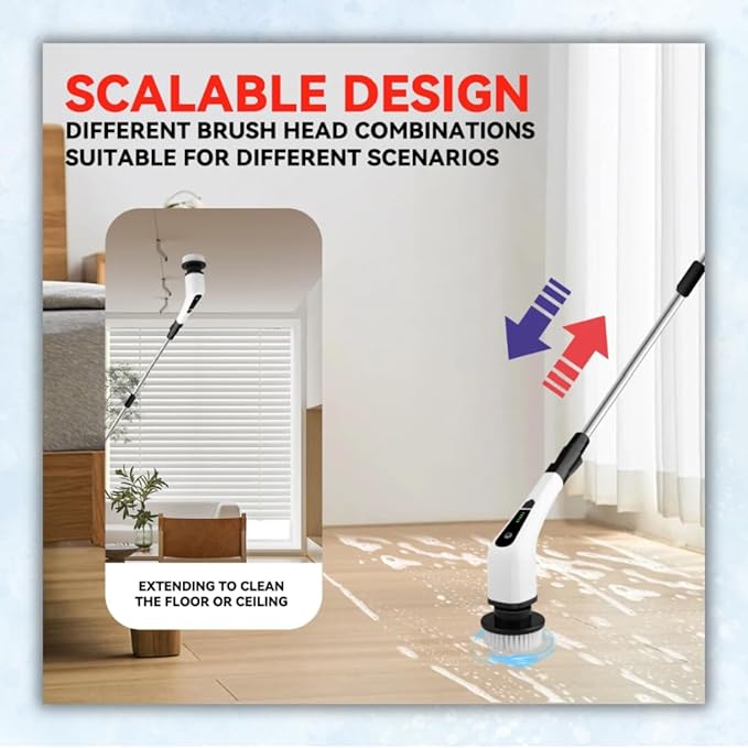Electric Spin Scrubber Cordless Cleaning Brush with 8 Replaceable Heads Adjustable Handle Dual Speed Power Scrubber for Bathroom Bathtub Floor Tile and Kitchen Cleaning