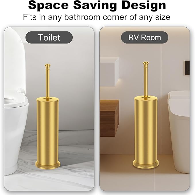 Brass Toilet Brush and HolderLong Handled Gold Toilet Brush for BathroomStainless Steel Heavy Duty Toilet Bowl BrushRemovable Inner BowlDeep Cleaning Dense Bristles Cleaner Brush -Space Saving