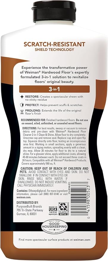 Weiman Hardwood Floor Cleaner and Polish - Cleans Vinyl Tile Solid Laminate Natural Shine No Residue Removes Scratches Leaves Protective Layer 1 Gallon Mop Soap &amp 32 Oz Restorer