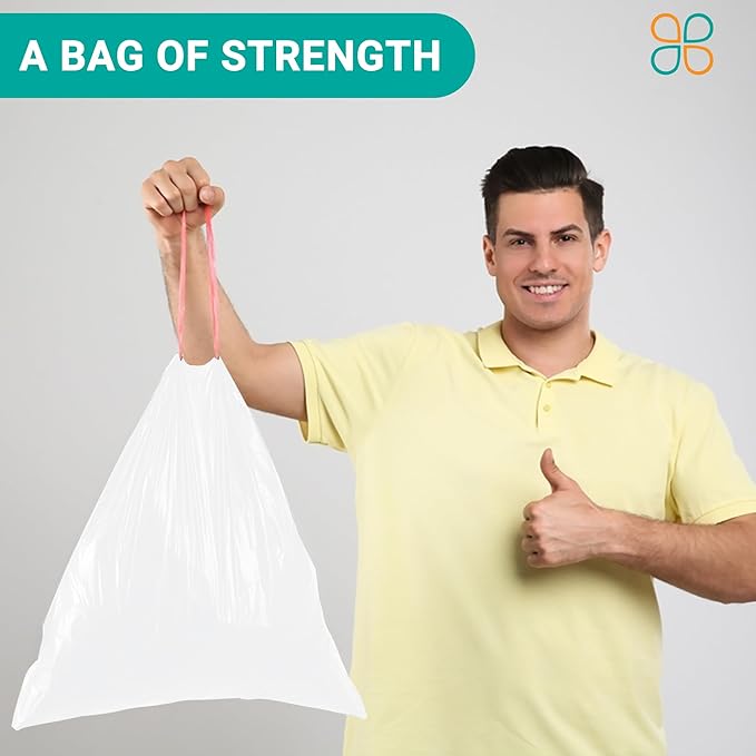 PlasticMill Drawstring Trash Bags - White Garbage Bags - Plastic Trash Bags - Kitchen Bathroom Office Garbage Bags Trash Can Liners - 4-Gallon Small Trash Bags 0.7 Mil 17x16 (200-Count)