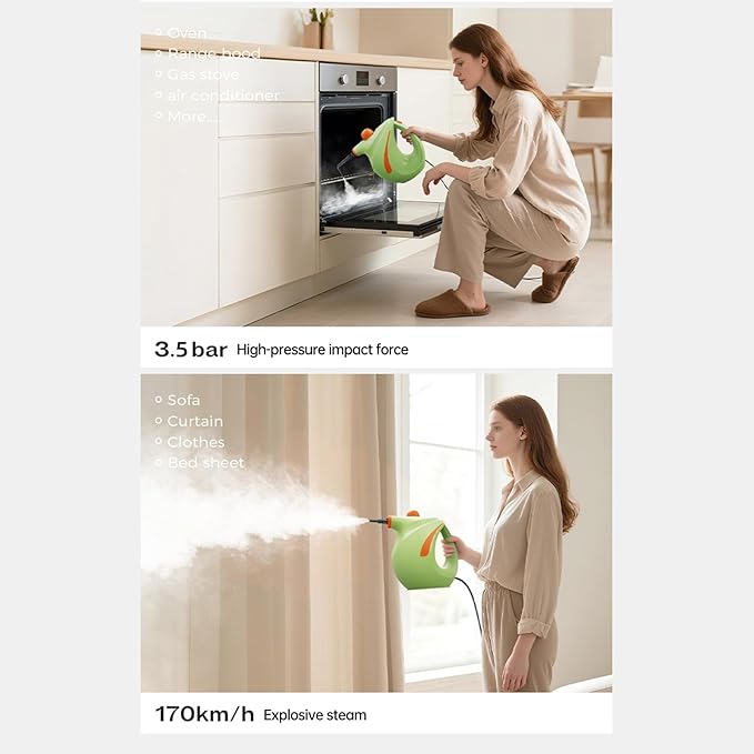 700ml Handheld High Pressure Steam Cleaner1200w High Temp Portable Steamer Machine with 7PCS Accessories for HomeCardustGreaseGroutTileCouch (Green)