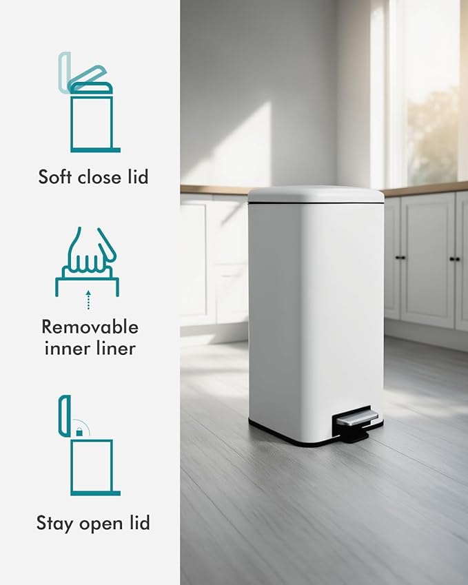8 Gallon Trash Can with Lid White Kitchen Trash Can with Soft Close Inner Bucket &amp Steel Pedal Stainless Steel Garbage Can for Kitchen Laundry Room Office Bathroom Dorm 30 Liters