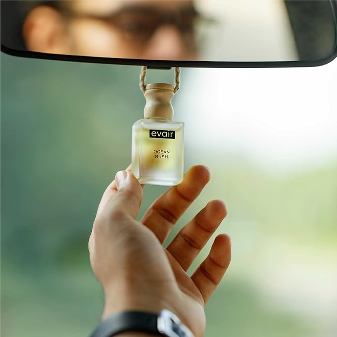 Evair Combo Pack of Car Air Freshener with Essential Oils Fragrances Black Amber Ocean Rush &amp English Rose in Glass Bottle with Wooden Diffuser Lid | Each 10 ml- Pack of 3