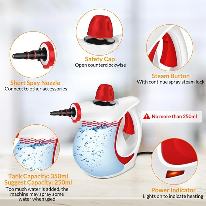 Handheld Pressurized Steam Cleaner with 12 pcs Accessories Portable Steamer for Cleaning Steam Cleaner for Home Use Steamer for Cleaning Car Furniture Floor Upholstery Grout and Tile Red