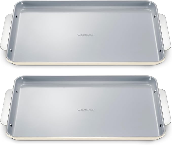 Caraway Non-Stick Ceramic Large Baking Sheet Duo - Naturally Slick Ceramic Coating - Non-Toxic PTFE &amp PFOA Free - Perfect for Baking Roasting and More - Large (18 x 13) - Cream