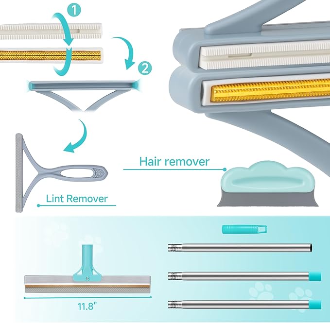 Carpet Rake for Pet Hair Removal Tool Reusable Pet Hair Remover Broom Dog&ampCat Hair Remover Scraper Rake with 54” Adjustable Long Handle 3 Pcs Carpet Brush Rake for Rugs Mats Couch Furniture