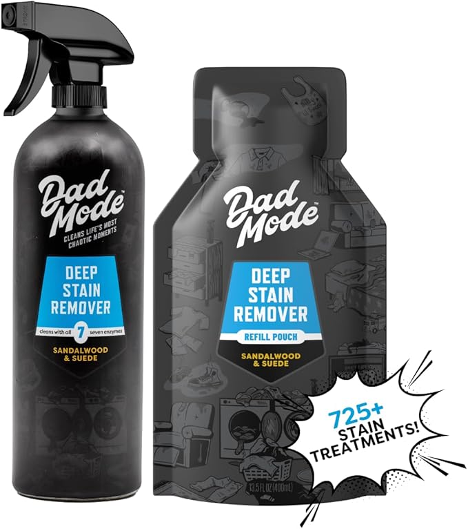 DadMode Laundry Stain Remover | 7-Enzyme Spray for Deep Aged Set-In Clothing Stains | Enzyme Booster Cleans Bodily Fluids Oil Wine Turmeric | Sandalwood &amp Suede | 16oz Bottle + Refill Pouch