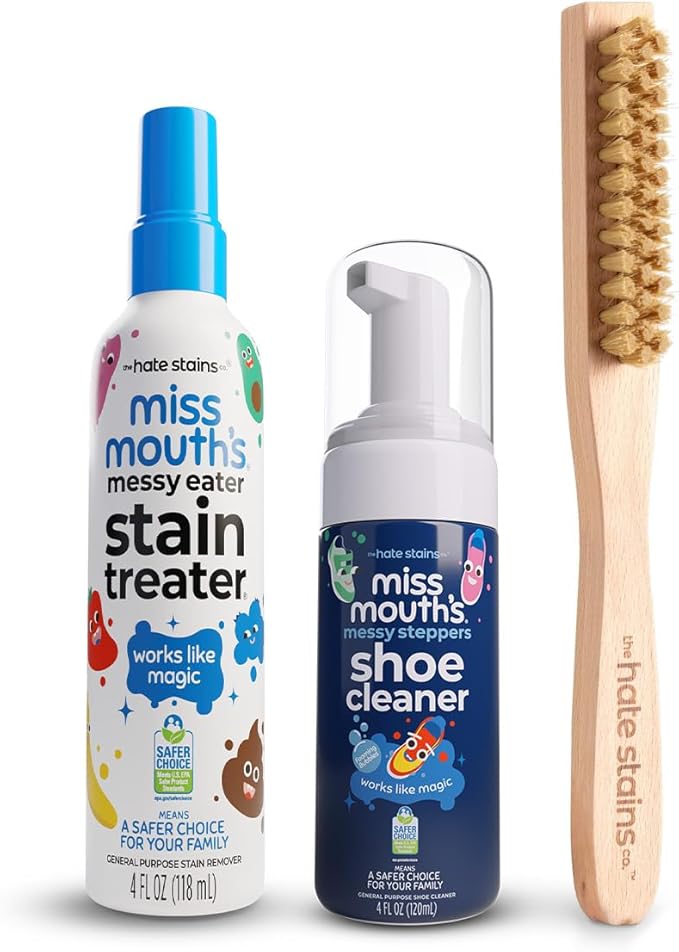 Miss Mouth’s Messy Eater Complete Cleanup Kit - Stain Treater Spray Foaming Shoe Cleaner and Laundry Scrub Brush – 3 Pack Essentials for Stains Scuffs &amp Spots